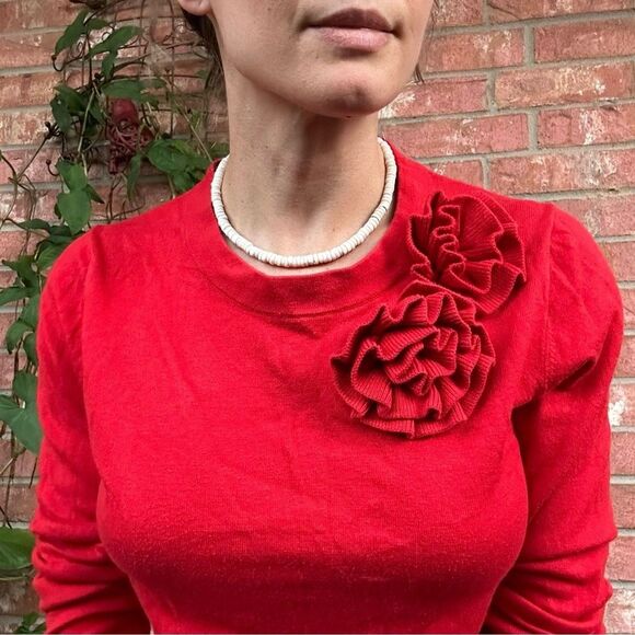 Kate Spade Red Floral Rosette Applique Sweater S Cashmere Blend Coquette Holiday - Picture 2 of 12